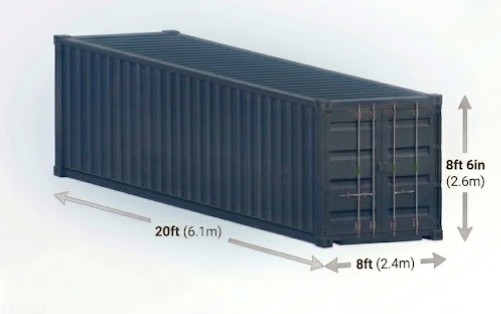 Size guide diagram of a 20ft by 8ft storage container